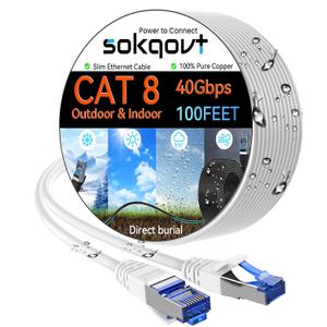 Sokqovt Cat 8 Ethernet Cable Slim 100ft Outdoor&Indoor, Pure Copper Cat8 Internet Cable for Waterproof & Direct Burial, Flexible Cat8 Ethernet Cable 40G 2000MHZ, Cat 8 Network Cable for Indoor White