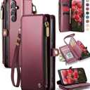 Defencase Compatible with Samsung Galaxy S24 FE Case Wallet with RFID Blocking Card Holder for Women, PU Leather Magnetic Snap Flip Zipper Strap Wallet Phone Case for Galaxy S24 FE 5G 6.7", Wine Red