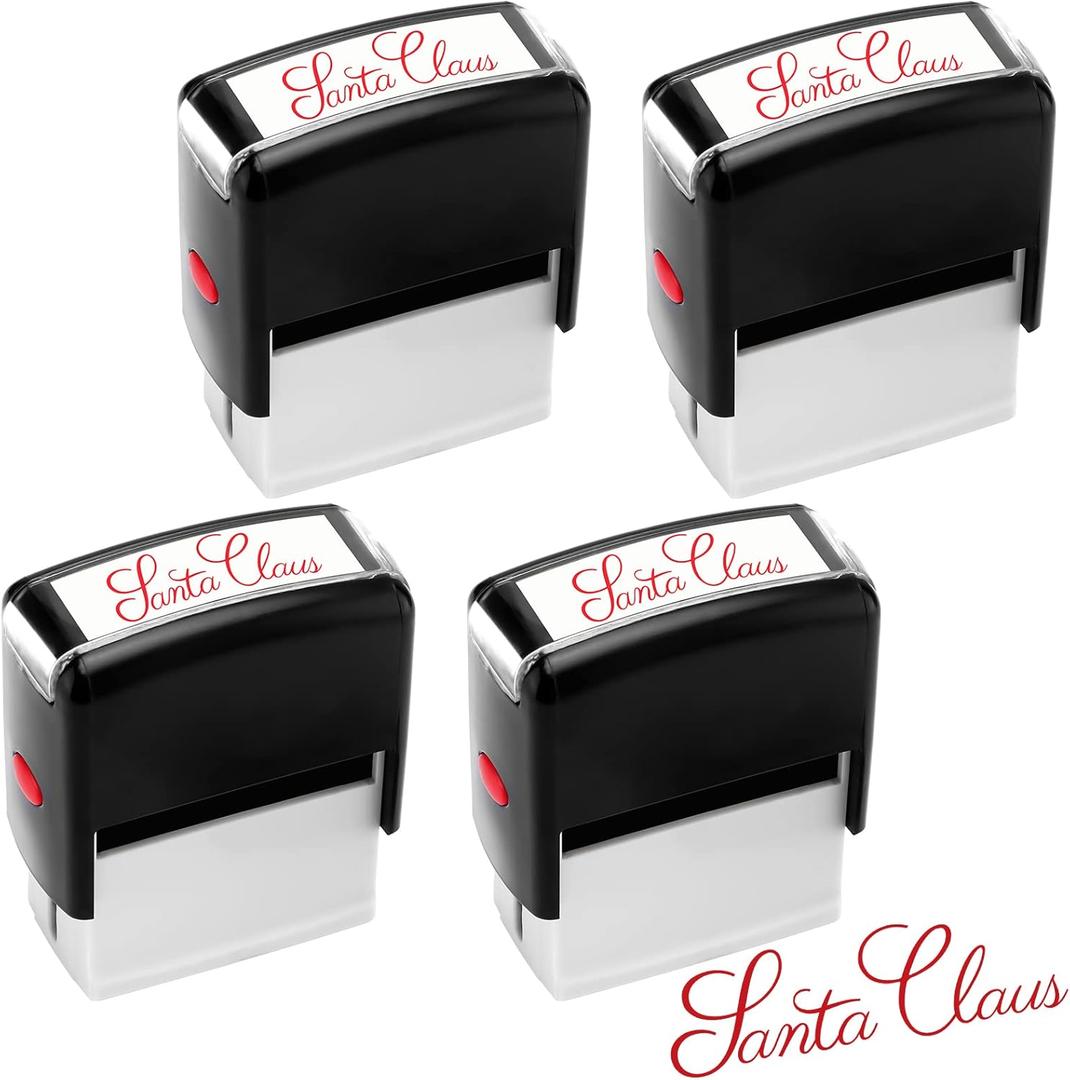 Eaasty 4 Pieces Santa Claus Signature Stamp Christmas Self Inking Rubber Stamp Santa Stampers Christmas Gift Tag for Office Home Party Red Ink
