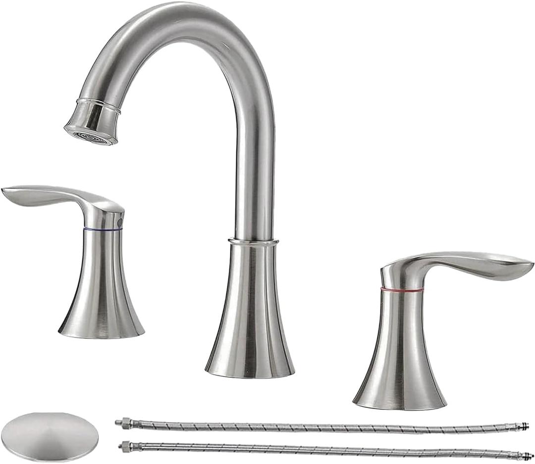 Friho Brushed Nickel Bathroom Faucet 3 Hole, Widespread 8 Inch 2 Handle Vanity Sink Faucet Set with Swivel Spout, Pop Up Drain and Water Supply Hoses