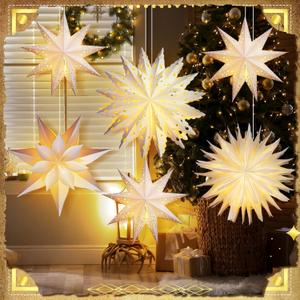 6 Pack Christmas Snowflake Paper Lantern Xmas Star Paper Lanterns with 6 LED Light White Hanging Lamp Ornaments for Christmas Winter Weddings Birthday Holiday Party Decoration(Classic Style)