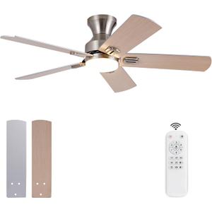 48 Inch Brushed Nickel Ceiling Fans with Lights and Remote,Low Profile Flush Mount Modern Ceiling Fan with Light,5 blades,Dimmable LED Light,6 Speed DC Motor,Indoor Outdoor for Bedroom