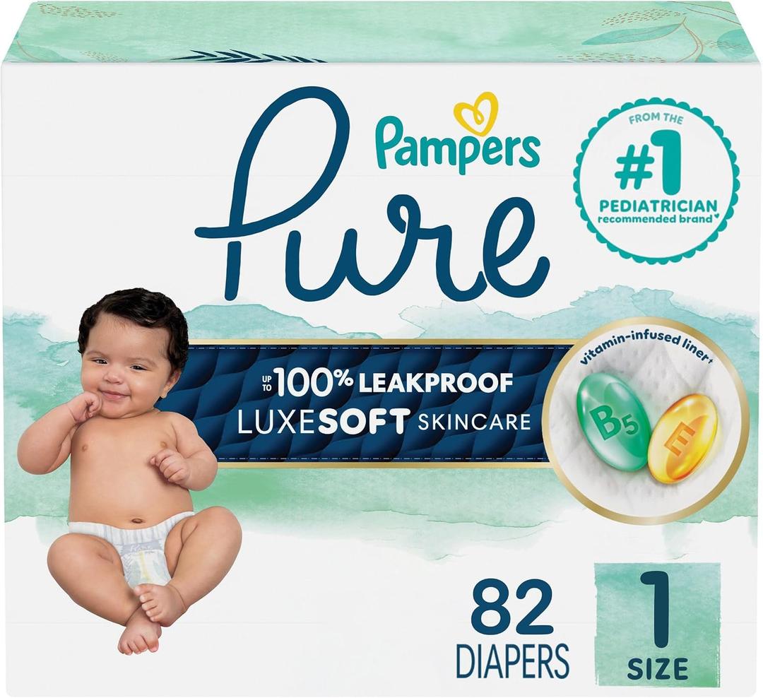 Pampers Pure Baby Diapers, Size 1 (8-14 lbs), 82, Up to 100% Leakproof, Premium Hypoallergenic Soft Diapers