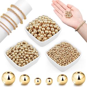 WILLBOND 1200 Pcs Round Spacer Beads for Jewelry Making 4/6/8 mm Smooth Ball Beaded Seamless Loose Ball Embellishments with Holes for Stackable Bracelet Craft(Gold)