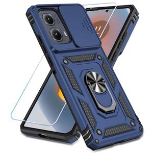 SunStory Compatible with Motorola Moto Edge 2024 Case with HD Screen Protector & Slide Camera Cover & Rotated Ring Kickstand, [Military-Grade] Phone Case for Moto Edge 2024, Blue