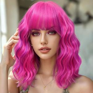 LOSMOEER Rose mixed Purple Wig with Bangs Short Wavy Wigs for Women Shoulder Length Curly Bob Wigs Heat Resistant Synthetic Wigs for Halloween Cosplay Daily Party Use (14 Inch)