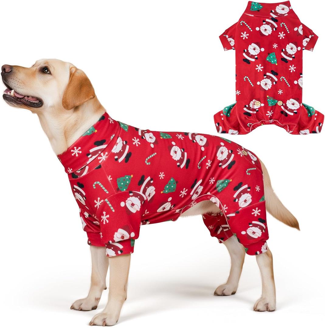 KYEESE Christmas Dog Pajamas Santa Claus Turtleneck Dog Pjs for Large Dogs Holiday Pet Onesie Soft Velvet 4 Legs Cozy Pet Sleepwear Warm Doggie Christmas Outfit, XXX-Large