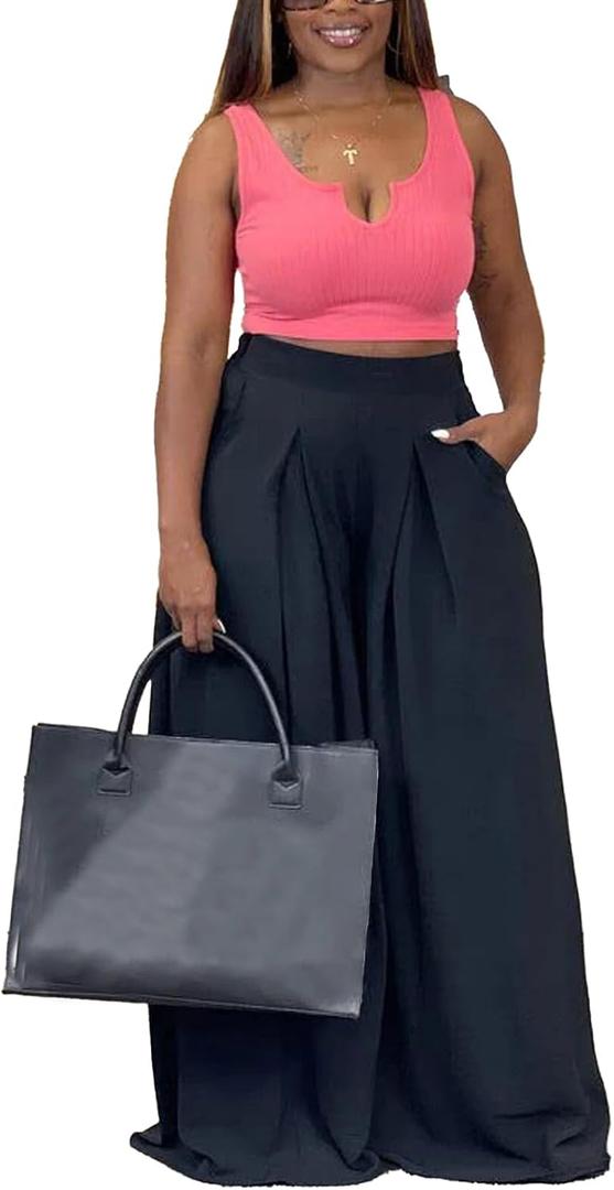 Hostoyo Casual Plus Size Wide Leg Palazzo Pants for Women Lounge High Waist Skirt Pants with Pockets Elastic Waistband (Black) XXL