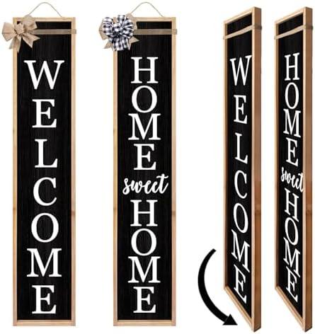 Outdoor 2in1 Welcome Sign for Front Porch Standing 45"X9" Long Vertical Leaner Tall Wood Framed Modren Rustic Farmhouse Large Home Sweet Home Signs Front Door For Outside Decor (Wood Black)