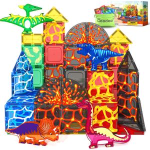 Coodoo Dinosaur Toys Magnetic Tiles Lava Dinosaur World Set - Magnetic Blocks Building for Kids 3-5 5-7 Girls Boys Toy Age 4-6 6-8, Classroom Must Haves Toddler Sensory for 3+ Year Old Kids Toys