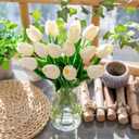 White Tulips Artificial Flowers with Vase, 15 Pcs Faux Tulip Stems in Vase, Real Feel PU Flowers Arrangement Suitable for Kitchen Living Office Spring Decor, Centerpiece Table Decorations