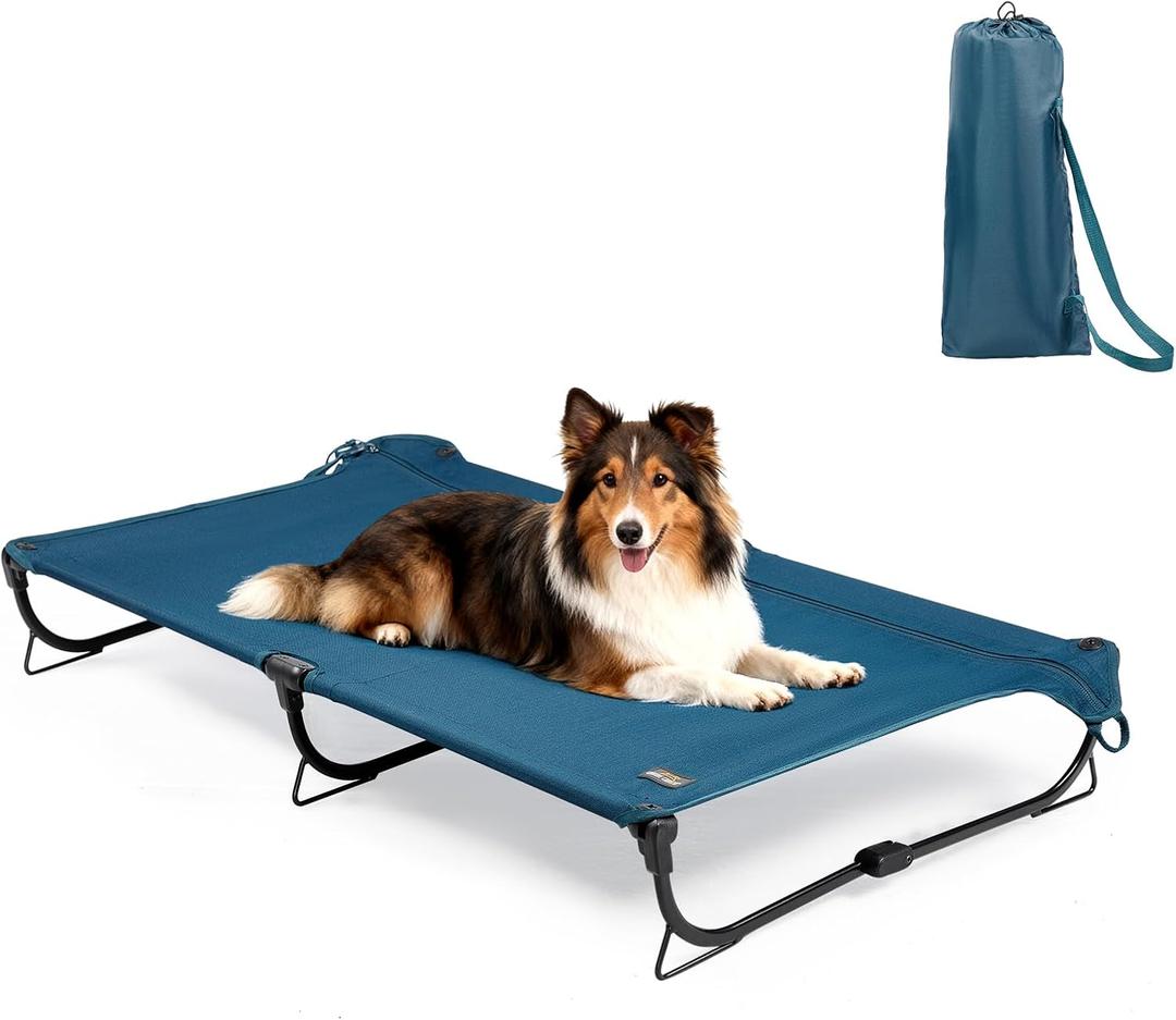 CANINE CANYON Folding Raised Dog Cot, Large Outdoor Elevated Dog Bed, Cooling Chew Proof Pet Cots Bed, Portable, Heavy Duty Up to 160 lbs, Pet Cot for Camping, Home, Dark Blue, 43"x27"x7"