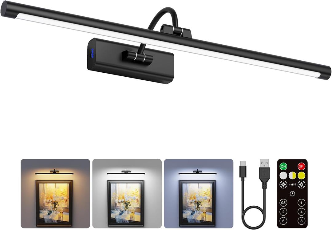 24" Picture Light with 8000mAh Battery - Black Operated Wireless Wall Sconce with Remote & Timer for Large Paintings, Photo, Canvas & Artwork