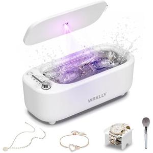 WRKLLY Ultrasonic Jewelry Cleaner, 50KHz 14oz Professional Ultrasonic Cleaner Machine with 4 Timer Modes,304 Stainless Steel Tank for Jewelry, Eyeglasses, Rings, Coins, Watch Strap,Dentures (White)