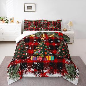 Castle Fairy Merry Christmas Comforter Set King Size,Pine Trees Holiday Snowflake Decor Bedding Set All Season Quilt Set,Red Black Grid Checkered Geometric Microfiber Polyester Down Comforter (Color 13)