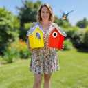 2PK Cedar Bluebird House, Wooden Bird House for Outside, 1.5" Entrance Hole Size, Stainless Steel Entrance Hole Protector, Silver Metal Roof, Colorful Garden Decorative, Pole Mountable (Yellow+Red)
