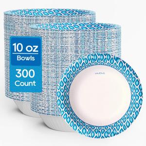 MUCHII 10 oz Paper Bowls, 300 Count Printed Disposable Small Bowls Bulk | Blue Printed,Mini Bowls,Soup Bowls,Soak Proof,Hot Soup Oatmeal Cereal,Ice Cream Dessert,Snacks Side Dish,Party School Lunch
