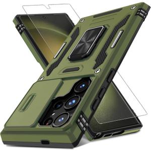 DEERLAMN Case for Samsung Galaxy S24 Ultra with Slide Camera Cover+Screen Protector (1 Pack), Rotated Ring Kickstand Military Grade Shockproof Protective Cover-Olive Green (S24 Ultra-6.8 Inch)