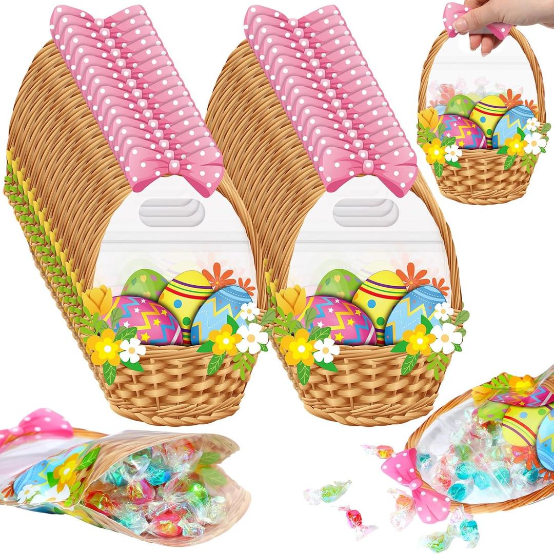 Eaasty 50 Pcs Easter Gift Bags Easter Basket Treat Bags with Handle Resealable Colorful Eggs Floral Bow Plastic Sealing Candy Pouches for Egg Hunt Holiday Party Candy Gift Wrap Supplies Decorations