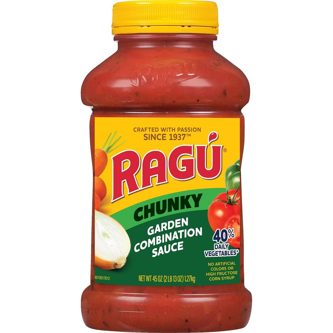 Ragu Chunky Garden Combination Pasta Sauce with Diced Tomatoes, Onions, Celery, Carrots, Zucchini, Green Bell Peppers, and Italian Herbs and Spices, 45 OZ (EXP 06/27/26)