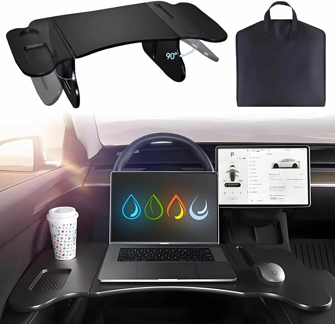 2 in 1 Car Tray for Tesla Model Y, Car Steering Wheel Desk, Car Desk for Laptop Car Mount with Pen Holder, Car Food Tray for Eating with Drinks Holder, Multipurpose Travel Car Accessories (Extra Large, Black)
