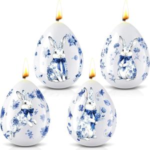 2 x Lyrow Easter Egg Candles for Decor, Chinoiserie Blue Bunny Votive Candles Vintage Unscented Smokeless Tealights for Party Decorations Table Home Gift Spring Celebration