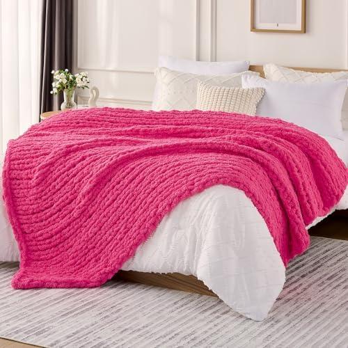 L'AGRATY Chunky Knit Blanket Throw: 50''x60'' Chenille Chunky Knitted Throw Blanket for Bed Couch - Handmade Thick Big Cable Knit Blankets - Large Crochet Rope Blanket for Home Decor(Hot Pink)