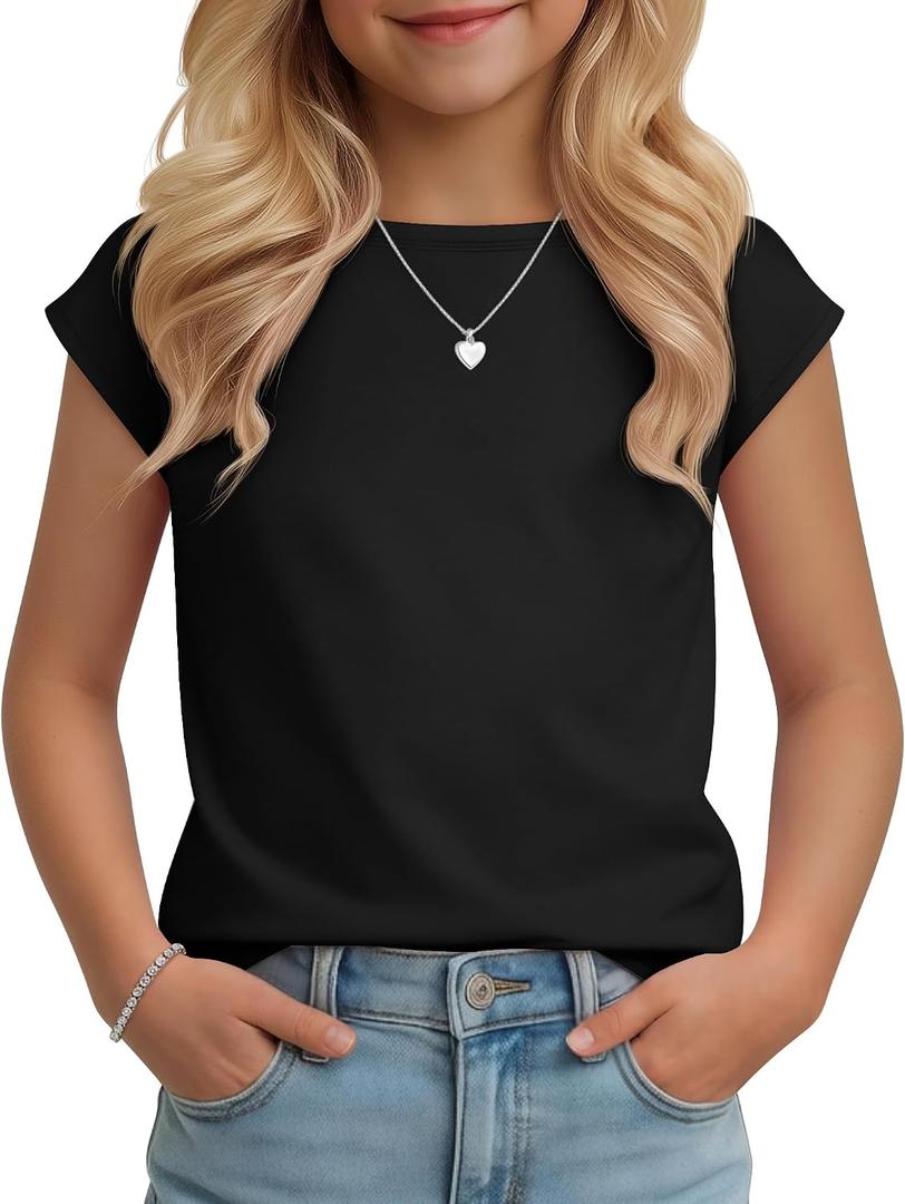 Oakgarden Girls Boat Neck Cap Sleeve Tops | Dressy Shirts, Short Sleeve Tees, Loose Fit Summer Casual T-shirts, Back to School Clothes 5-14 Years, Solid Color Outfits (Black)