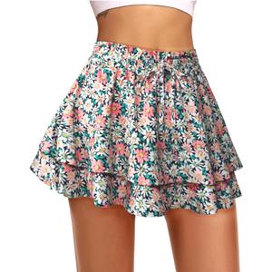 Kimmery Women's Boho Ruffle Skirt Floral Tiered Mini Skirts with Shorts Underneath (L)