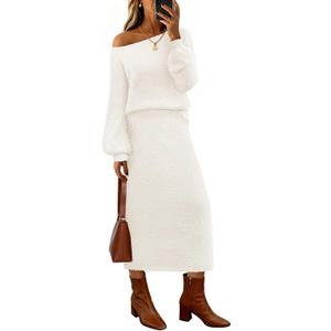 MEROKEETY Women's Fuzzy 2 Piece Outfit Winter Long Sleeve Off Shoulder Pullover Top Midi Skirt Matching Lounge Sets (Beige)
