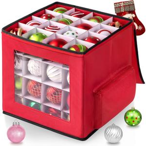 Christmas Ornament Storage Box, Premium Ornaments Organizer with Adjustable Dividers Pockets Clear Window Store Up to 64 Holiday Ornaments Storage Container Bin Zippered for Christmas Decorations Red
