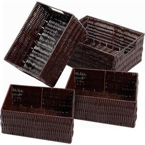 Plastic Wicker Basket Set of 4, Handmade Storage Basket for Organizing with Handles, Storage Bins for Home Kitchen Countertop, Shelf Organizer, Waterproof, Coffee