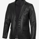 Premium Jackets Men's Notch Lapel Two Button Black Leather Blazer Jacket, L
