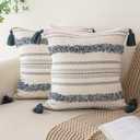 Boho Throw Pillow Covers 18x18 Set of 2 Woven Tufted Farmhouse Pillows Cover with Tassels Textured Striped Cushion Case Neutral Pillow Cases Decorative Pillowcase for Sofa, Bed, Dark Blue