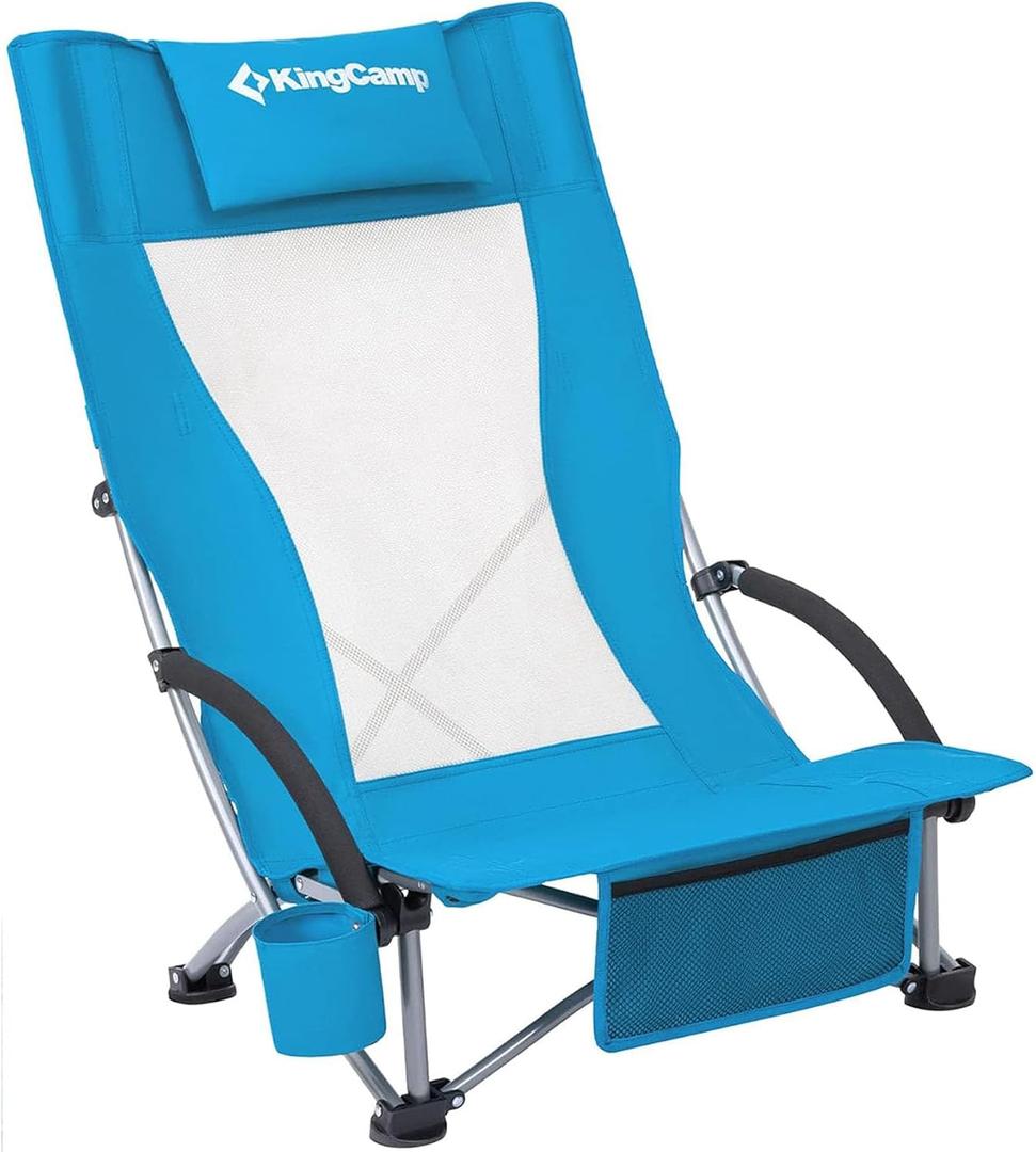 KingCamp Low Beach Chair, High Back Folding Camping Chair for Adults, Oversized Breathable Mesh Seat, 300lbs Heavy Duty Portable Chair with Cup Holder & Storage Pockets for Beach, Outdoor