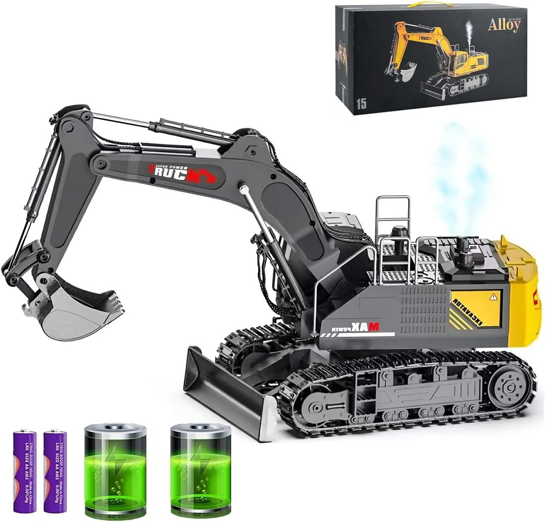 15 Channel RC Excavator Metal Shovel,RC Digger Construction ToysDozer Tractor,Simulated Smoke, Sound, Metal Digging Head, Best Gift for 3+ Old Boys Adults