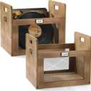 Maxdot 2 Pcs Vinyl Record Storage Crates, Wooden Record Crate with Handle, LP Albums Storage Boxes Wood Metal Mesh Multifunctional Cube Holder Organizers, for Storing up to 80 LP Vinyl