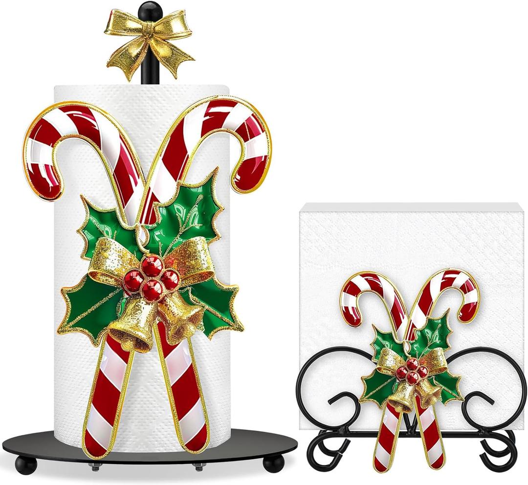Shellwei 2 Pcs Christmas Candy Cane Paper Towel Holder Christmas Bathroom Kitchen Decor Xmas Candy Cane Napkin Holder for Tables Winter Home Bathroom Kitchen Countertop Accessories Party Favor Gifts
