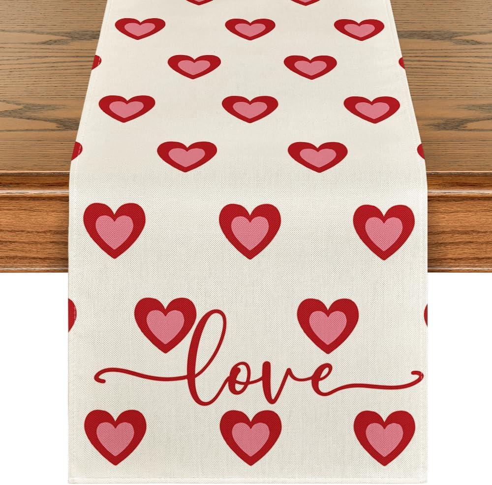 Artoid Mode Love Hearts Valentine's Table Runner, Wedding Kitchen Dining Table Decoration for Home Party Decor 13x90 Inch (Beige/Red)