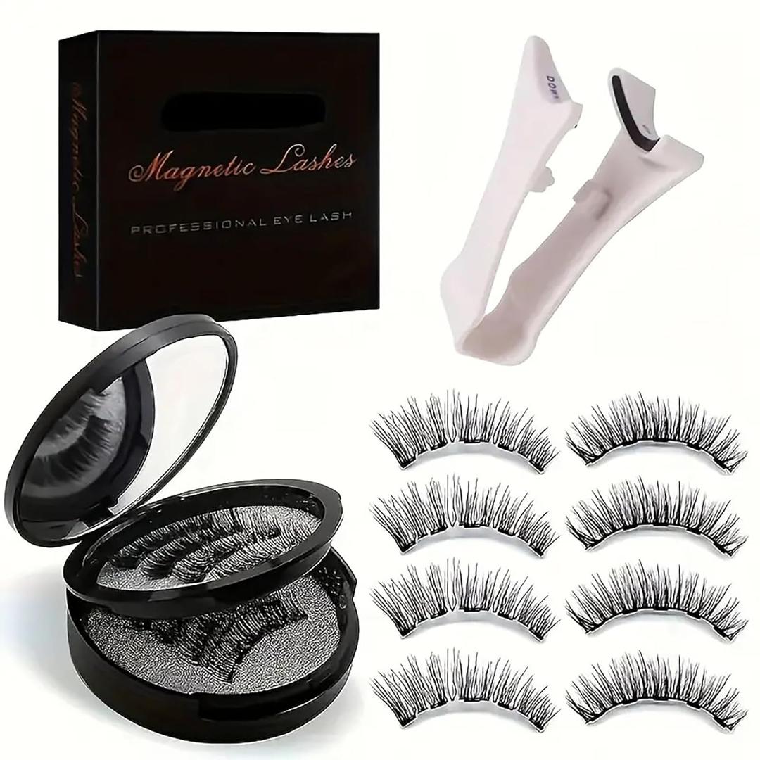 Lumentes Magnetic Eyelashes | 2 Pair Reusable Magnetic Eyelashes with Applicator | No Glue Natural Look Needed Easy to Wear and Remove (White Eyelash Curler Set)