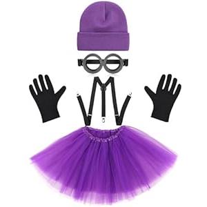 PIIDUOO Purple Minion Costume Accessories for Women - Adult Halloween Costumes Party Cosplay Set with Goggles Glasses Beanie Gloves Suspenders Tutu
