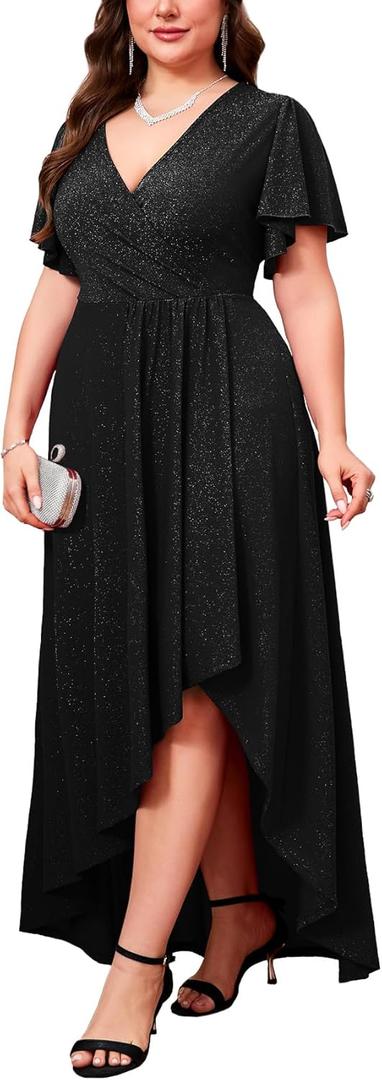 ZOMVA Sparkly Glitter Formal Maxi A Line Dress Sparkle Wrap Ruffle Sleeve Prom Dresses Cocktail Evening Gown, Black 4X