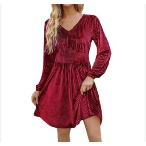 Zeagoo Womens Velvet Dress Sexy V-neck Long Sleeve Stretch Mini Party Cocktail Flared Dress Size Medium, Red 