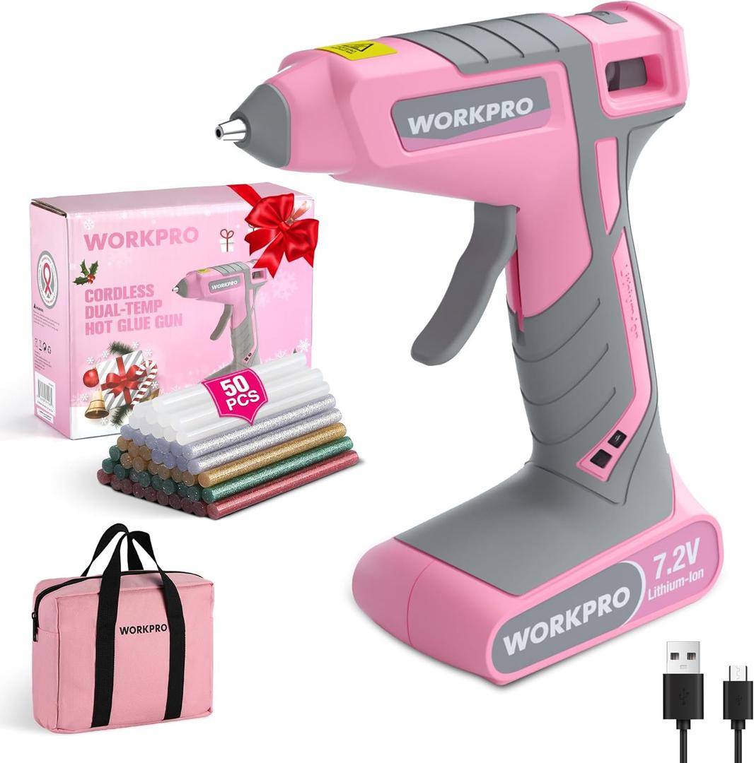 WORKPRO Cordless Hot Glue Gun, 7.2V Glue Gun with 50 Pcs Premium Mini Glue Sticks and Storage Bag, 2600mAh Type-C Rechargeable, Dual-Temp Hot Glue Gun Kit for DIY, Crafting and Arts, Pink