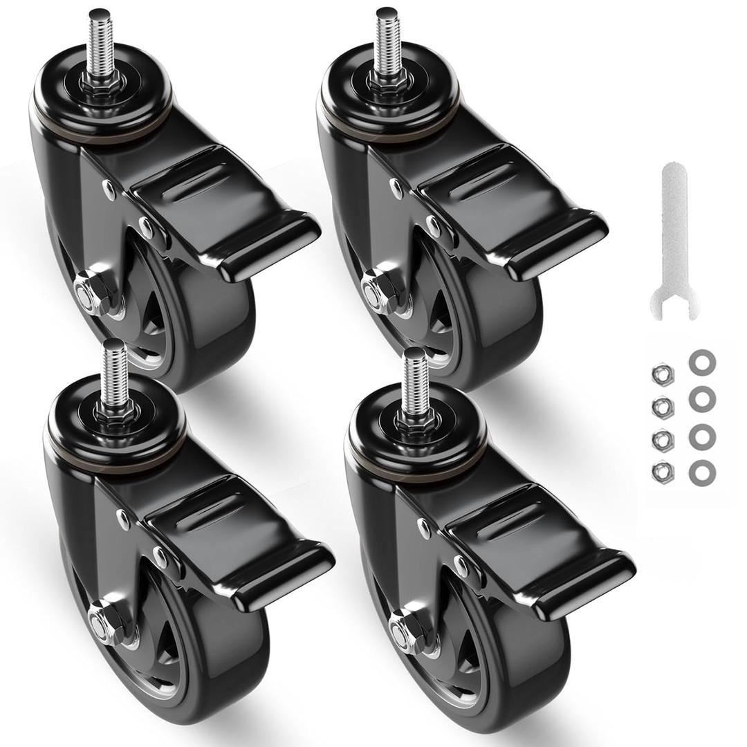 3 Inch Stem Caster Wheels 1600Lbs, Threaded Stem Casters Set of 4 Heavy Duty, 1/2"-13 x 1 (Screw Diameter 1/2", Stem Length 1"), Safety Dual Locking Industrial Castors, Wheels for Cart, Furniture