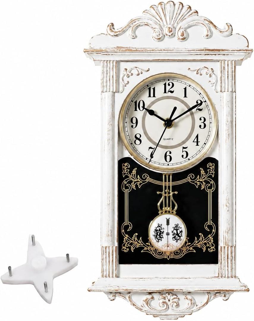 Clockswise Vintage Grandfather-Style Wall Clock with Wood-Effect Plastic Pendulum, Battery-Operated - for Home Decor, Living Room, Home Office, Kitchen or Dining Room (White)