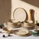 Herogo Stoneware Dinnerware Sets for 6, 18pcs Irregular Handmade Dinner Dish Set, Plates and Bowls Dishware for Kitchen Dining, Microwave & Dishwasher Safe, Cream Khaki