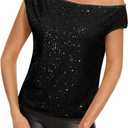 One Shoulder Sequin Sparkly Tops for Women Ruched Glitter Tops Slimming Sparkle Party Shirts (X-Large, Black)