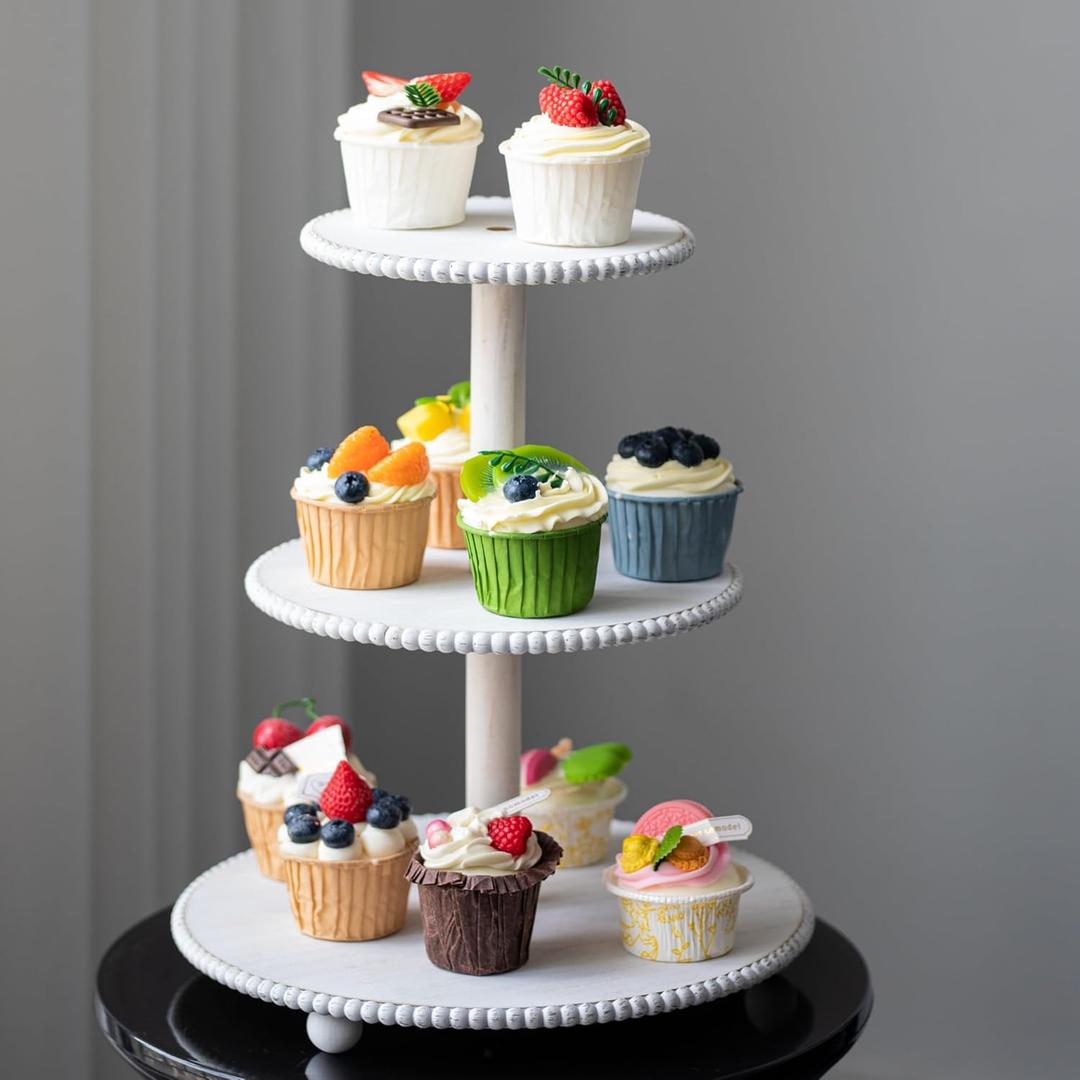 3-Tiered Cupcake Stand, White Wooden Beaded Cupcake Tower for Home Decoration, Farmhouse Cake Stand 3-Tiered Tray for Display Birthday Wedding Baby Shower Tea Party Decor