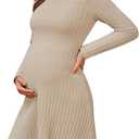 OUGES 2025 Fall Sweater Dress for Women Crew Neck Long Sleeve Knit Lightweight Casual Dresses (Large, Beige)